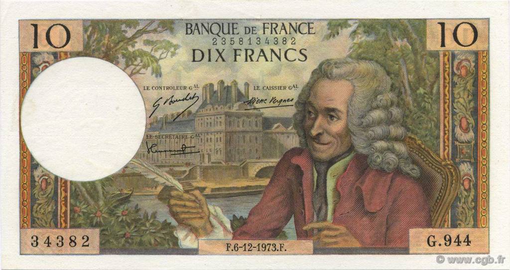 10 Francs VOLTAIRE FRANCE  1973 F.62.65 AU