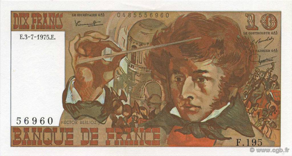 10 Francs BERLIOZ FRANKREICH  1975 F.63.11 fST+