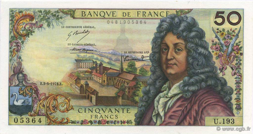 50 Francs RACINE FRANCIA  1972 F.64.20 FDC
