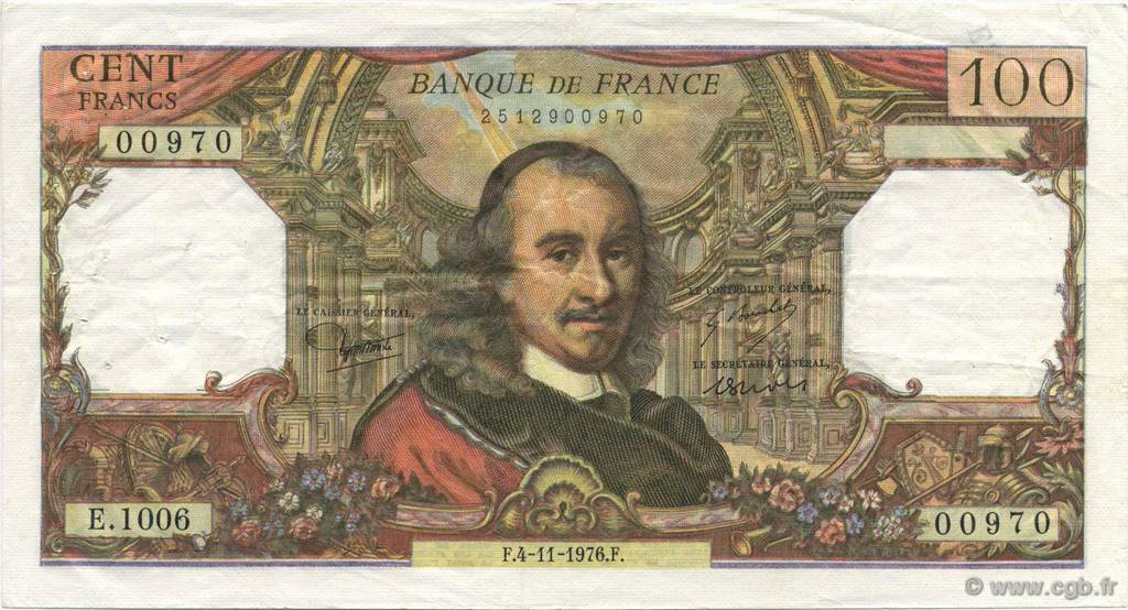 100 Francs CORNEILLE FRANCIA  1976 F.65.55 q.SPL