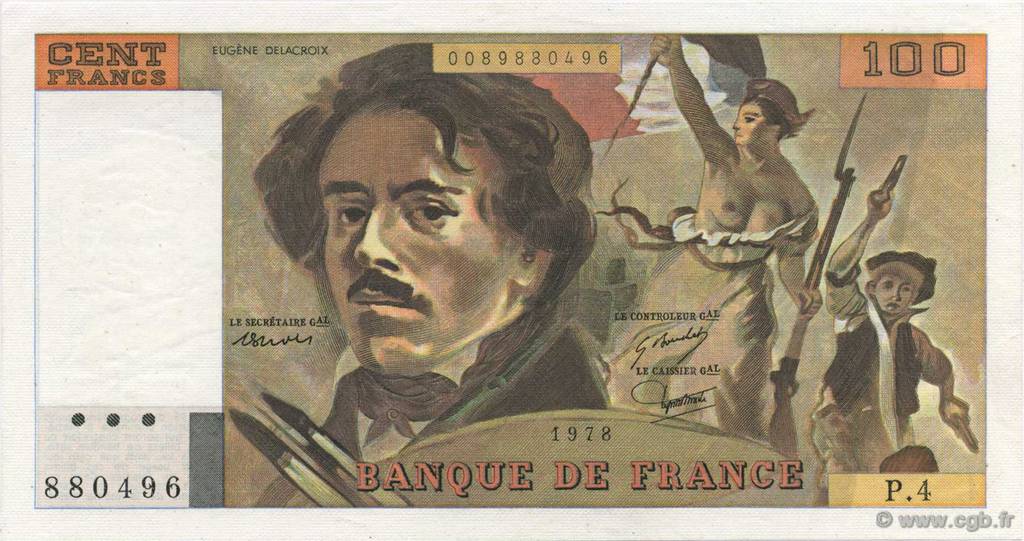 100 Francs DELACROIX modifié FRANKREICH  1978 F.69.01c fST+