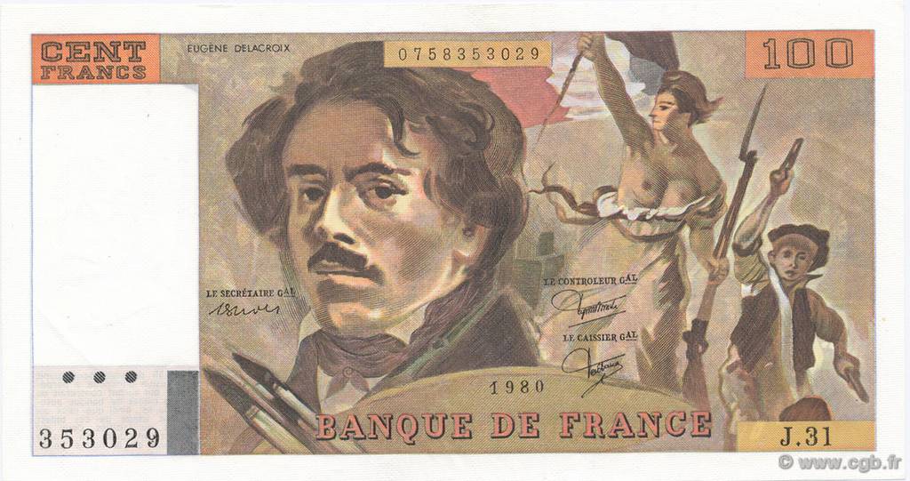 100 Francs DELACROIX modifié FRANCE  1980 F.69.04a SPL