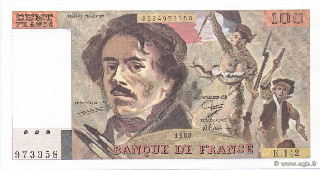 100 Francs DELACROIX modifié FRANCIA  1989 F.69.13b q.FDC
