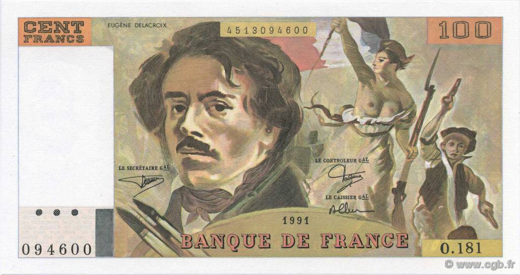 100 Francs DELACROIX imprimé en continu FRANKREICH  1991 F.69bis.03b1 ST