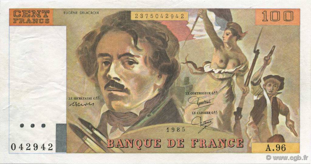 100 Francs DELACROIX uniface FRANCIA  1985 F.69U.09 q.AU