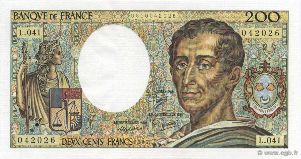 200 Francs MONTESQUIEU FRANCIA  1986 F.70.06 SC+