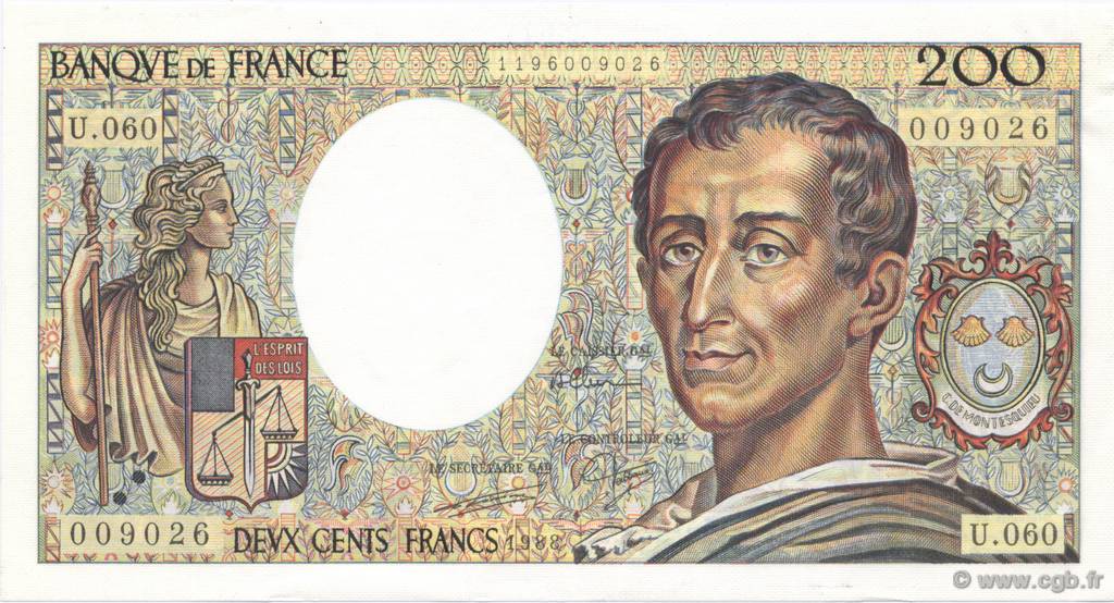 200 Francs MONTESQUIEU FRANCE  1988 F.70.08 AU+