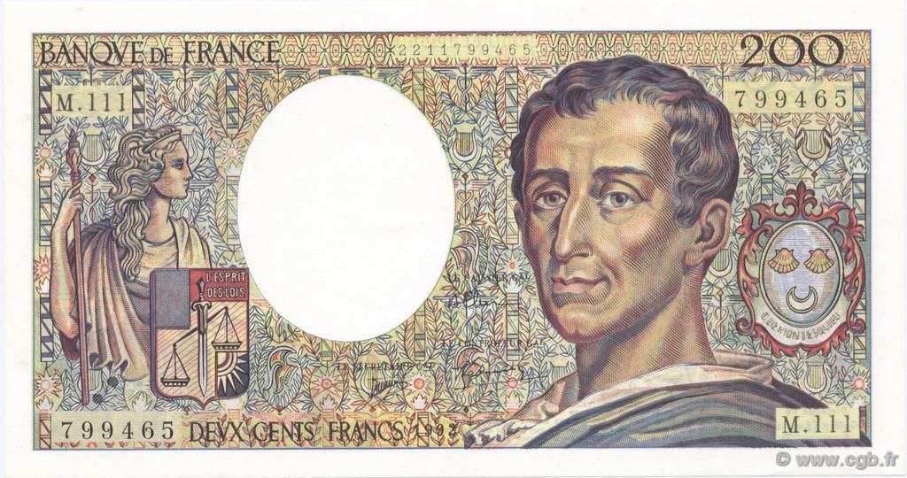 200 Francs MONTESQUIEU FRANCE  1992 F.70.12a UNC-