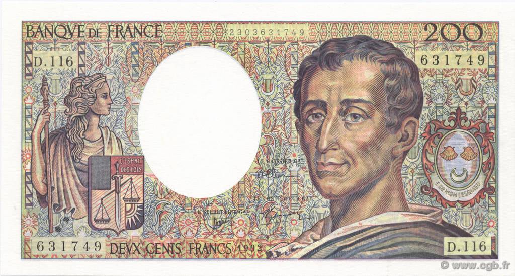 200 Francs MONTESQUIEU FRANKREICH  1992 F.70.12b fST+