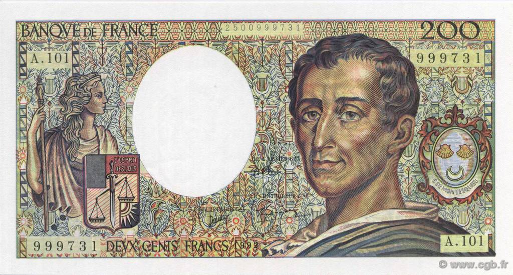 200 Francs MONTESQUIEU alphabet 101 FRANCE  1992 F.70bis.01 UNC