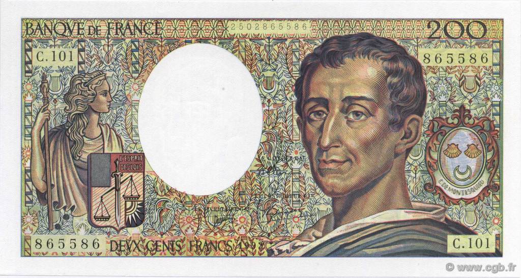 200 Francs MONTESQUIEU alphabet 101 FRANCE  1992 F.70bis.01 UNC