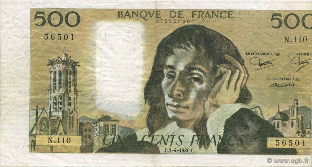 500 Francs PASCAL FRANCE  1980 F.71.21 VF+