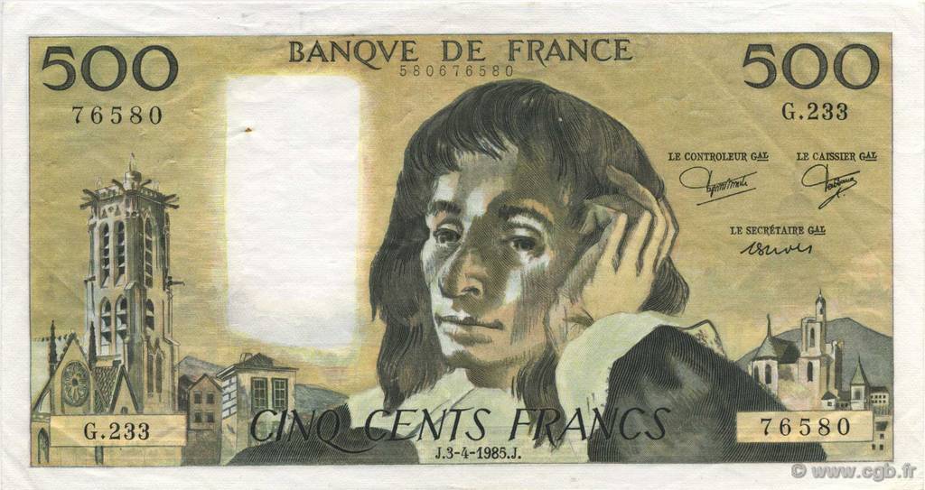 500 Francs PASCAL FRANKREICH  1985 F.71.33 fVZ