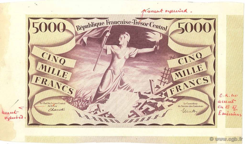 5000 Francs Liberté 1943 Non émis FRANCE  1943 VF.08.00Ec AU