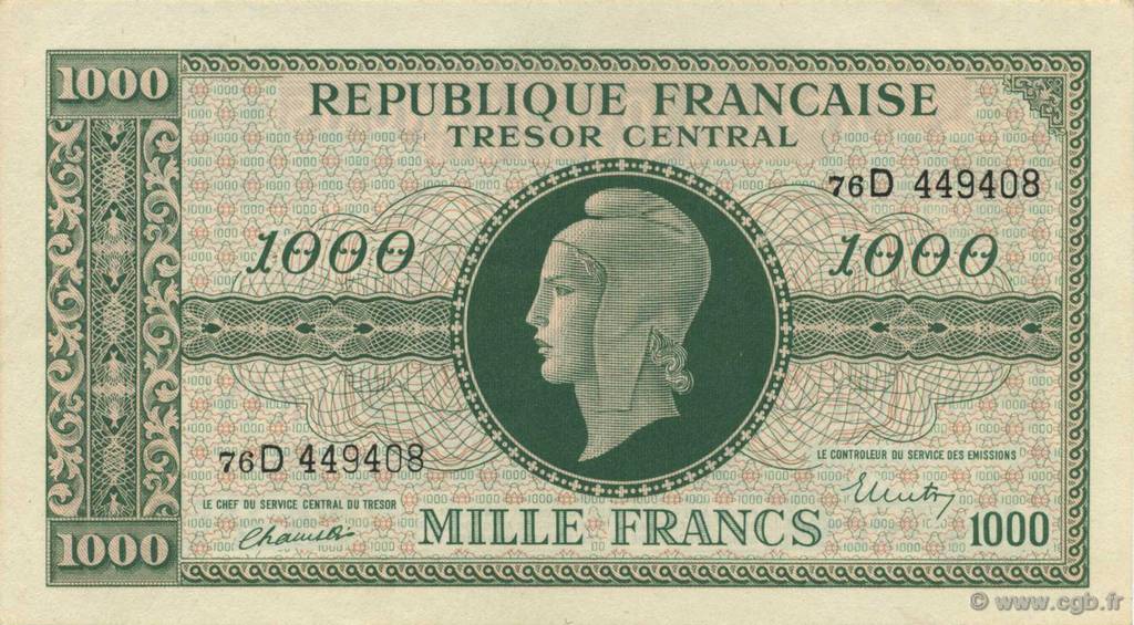 1000 Francs MARIANNE THOMAS DE LA RUE FRANCIA  1945 VF.13.01 q.FDC