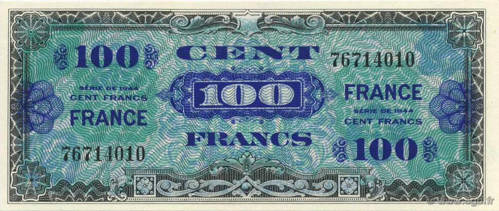 100 Francs FRANCE FRANKREICH  1944 VF.25.01 ST