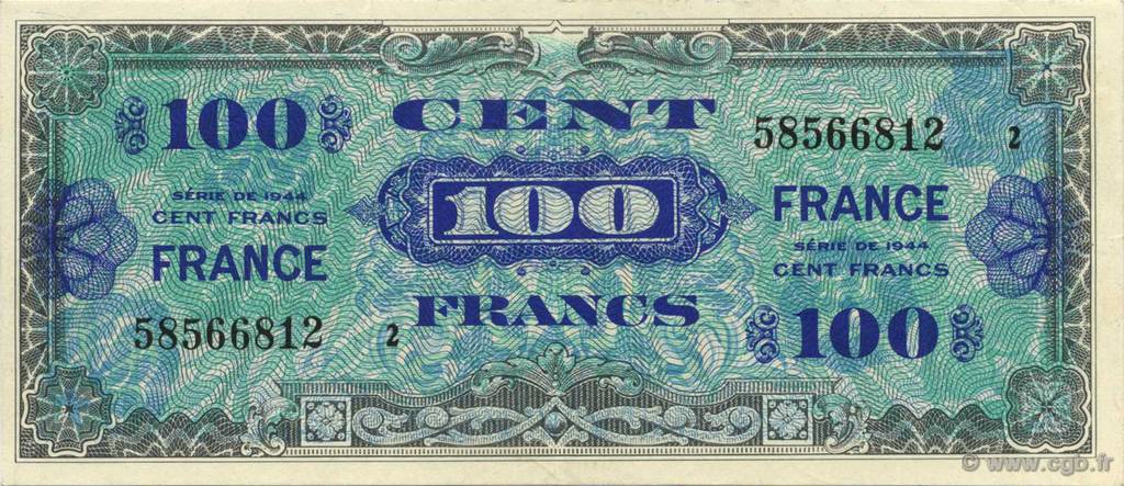 100 Francs FRANCE FRANKREICH  1944 VF.25.02 VZ+