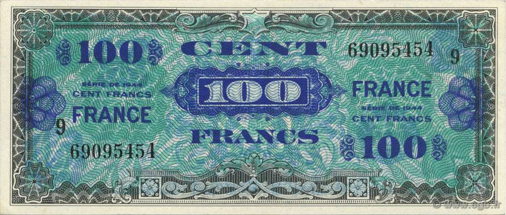 100 Francs FRANCE FRANKREICH  1944 VF.25.09 fST