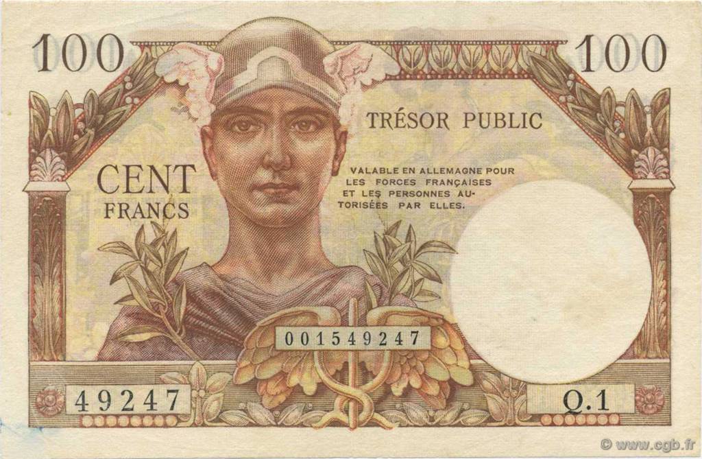 100 Francs TRÉSOR PUBLIC FRANKREICH  1955 VF.34.01 fST+