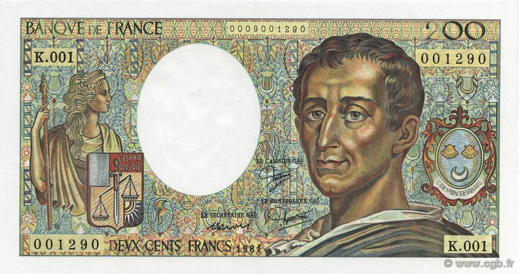 200 Francs Montesquieu FRANCE  1981 F.70.01 UNC-