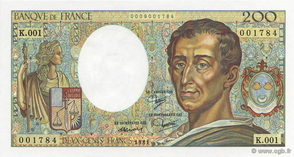 200 Francs Montesquieu FRANCE  1981 F.70.01 UNC