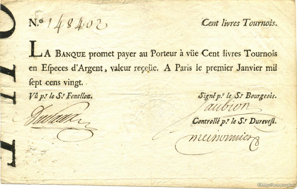 100 Livres tournois typographié FRANKREICH  1720 Laf.090 fVZ