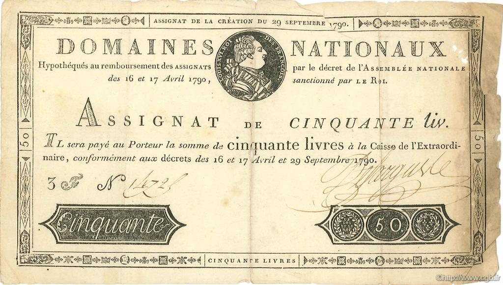 50 Livres FRANCE  1790 Laf.129 F