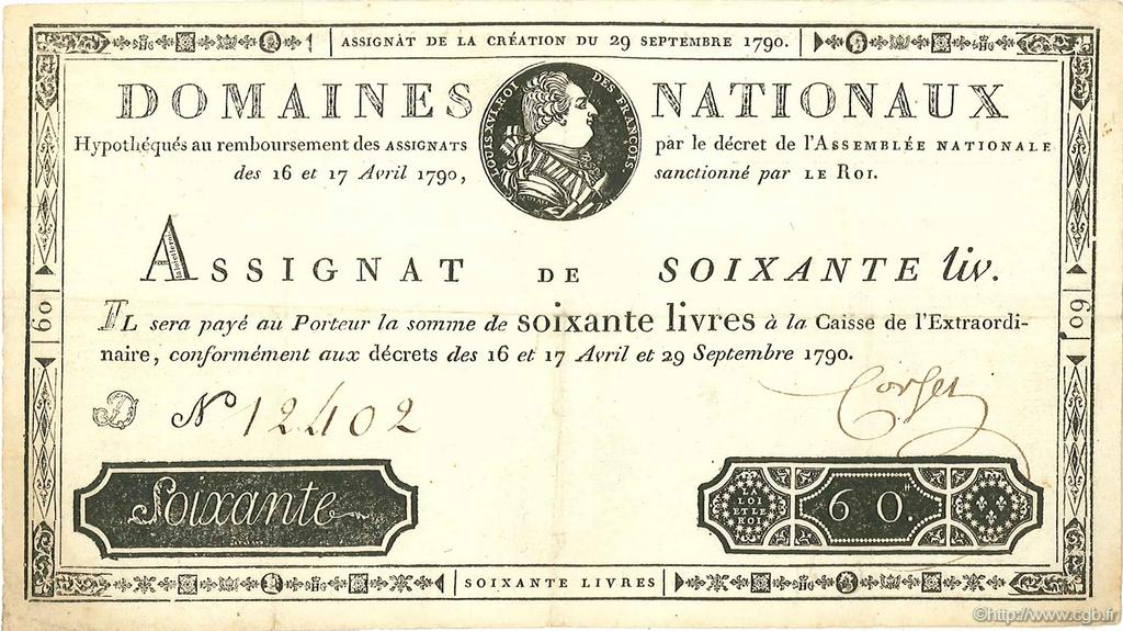 60 Livres FRANCE  1790 Laf.130 VF