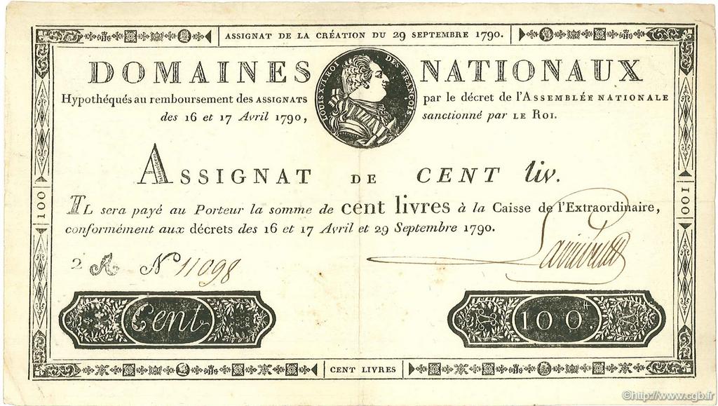 100 Livres FRANCE  1790 Laf.134 VF