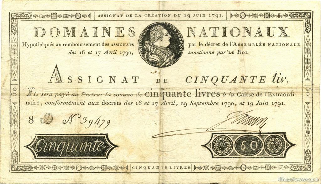 50 Livres FRANCE  1791 Laf.138 VF
