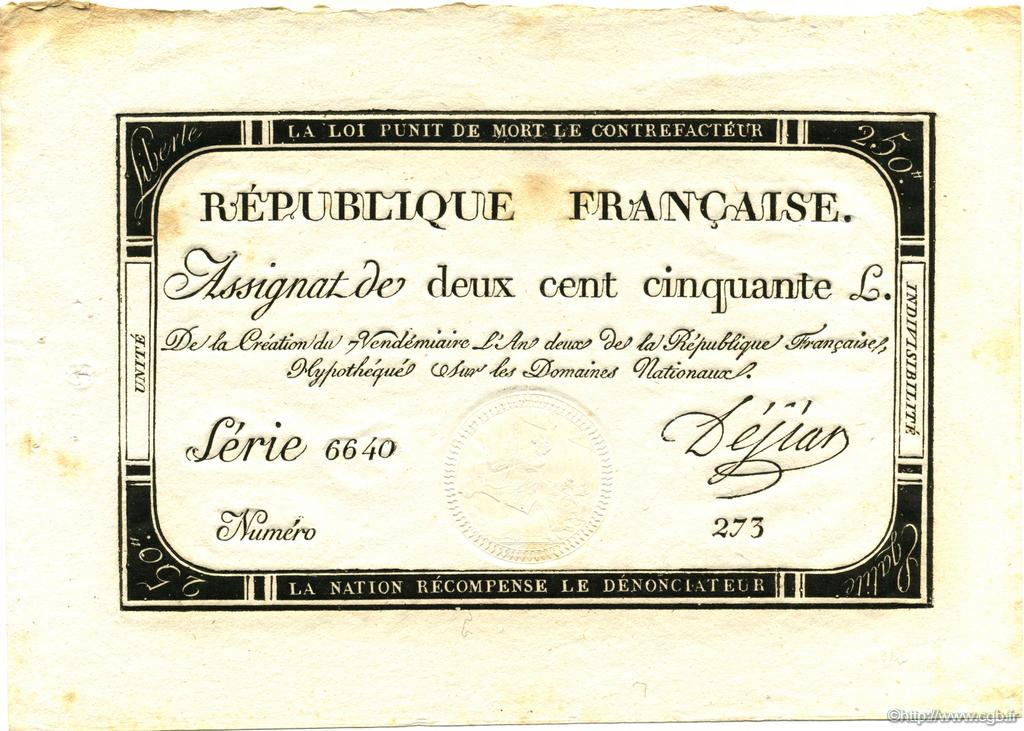 250 Livres FRANCE  1793 Laf.170 AU