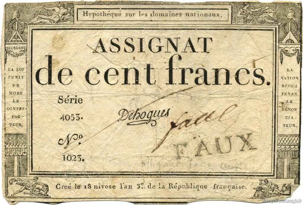 100 Francs FRANCE  1795 Laf.173x F+
