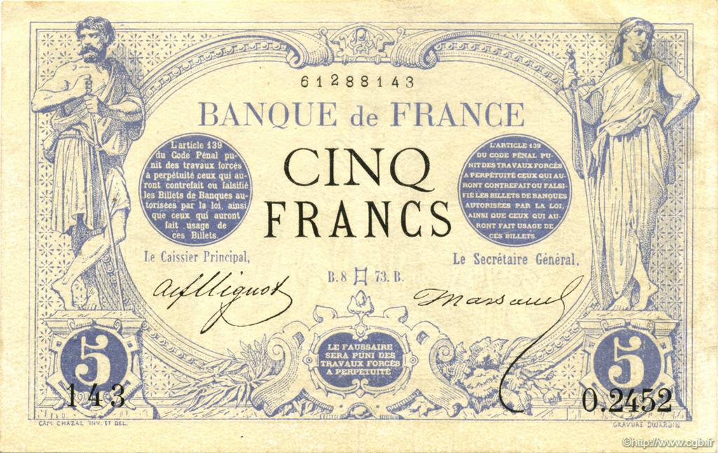 5 Francs NOIR FRANCE  1873 F.01.18 VF