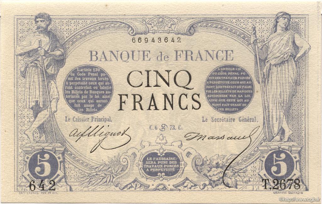 5 Francs NOIR FRANCE  1873 F.01.19 UNC-