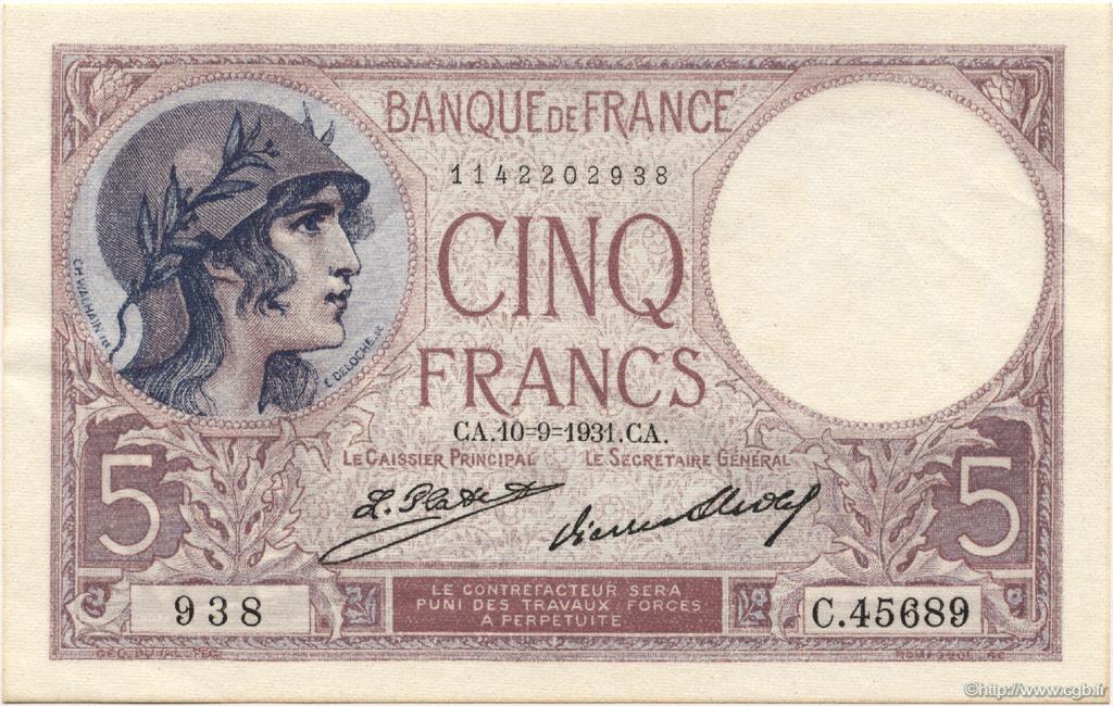 5 Francs FEMME CASQUÉE FRANCE  1931 F.03.15 UNC-