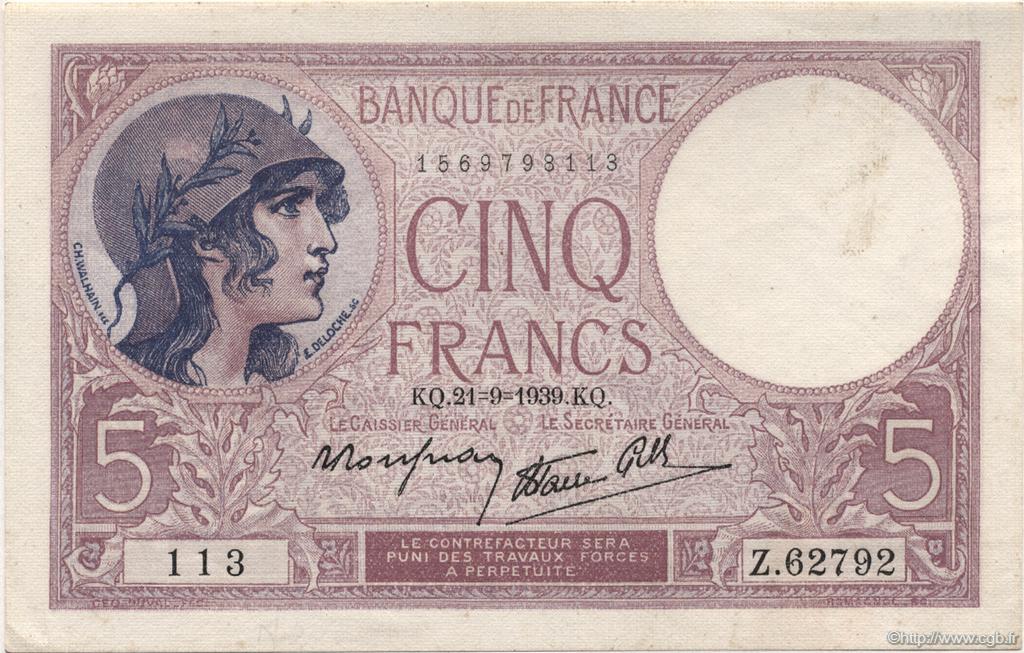 5 Francs FEMME CASQUÉE modifié FRANCIA  1939 F.04.09 q.FDC
