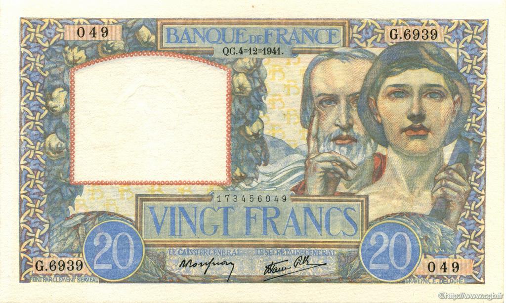 20 Francs TRAVAIL ET SCIENCE FRANCE  1941 F.12.20 XF+