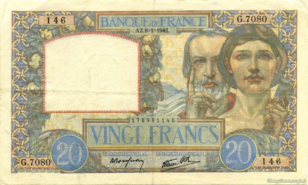 20 Francs TRAVAIL ET SCIENCE FRANCE  1942 F.12.21 VF+