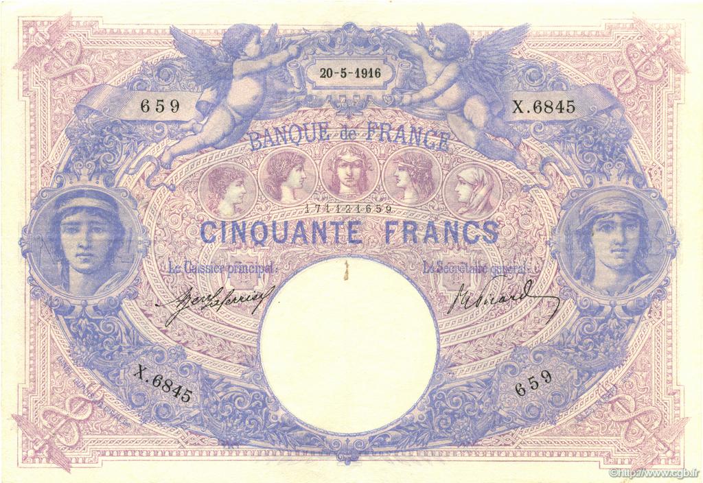 50 Francs BLEU ET ROSE FRANCE  1916 F.14.29 VF+