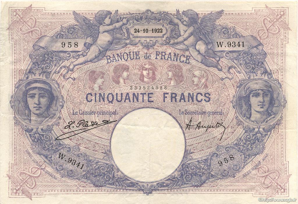 50 Francs BLEU ET ROSE FRANCIA  1922 F.14.35 BB to SPL
