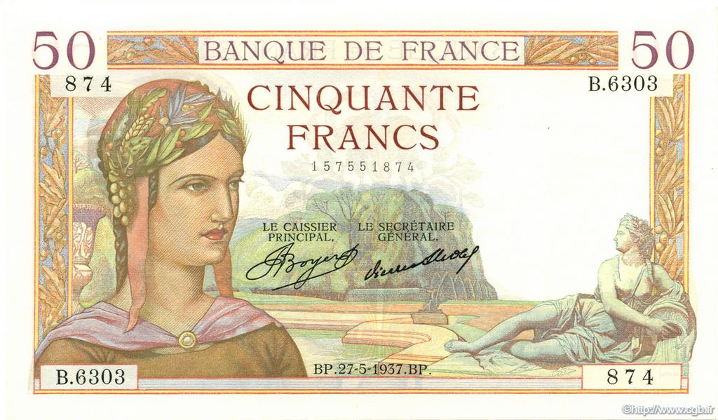 50 Francs CÉRÈS FRANCIA  1937 F.17.39 q.AU