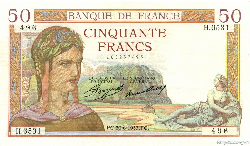 50 Francs CÉRÈS FRANKREICH  1937 F.17.40 VZ