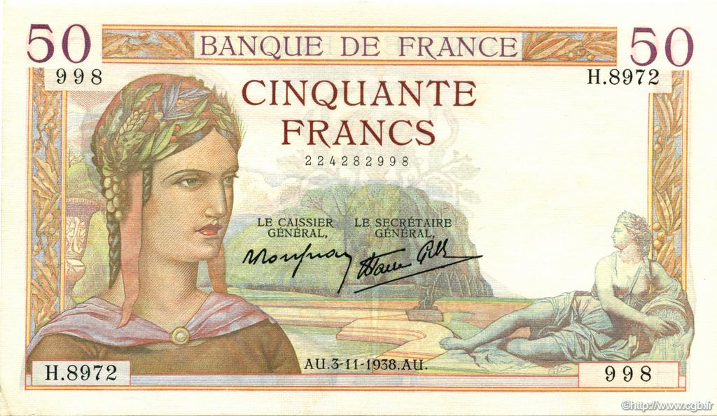 50 Francs CÉRÈS modifié FRANCE  1938 F.18.18 AU-