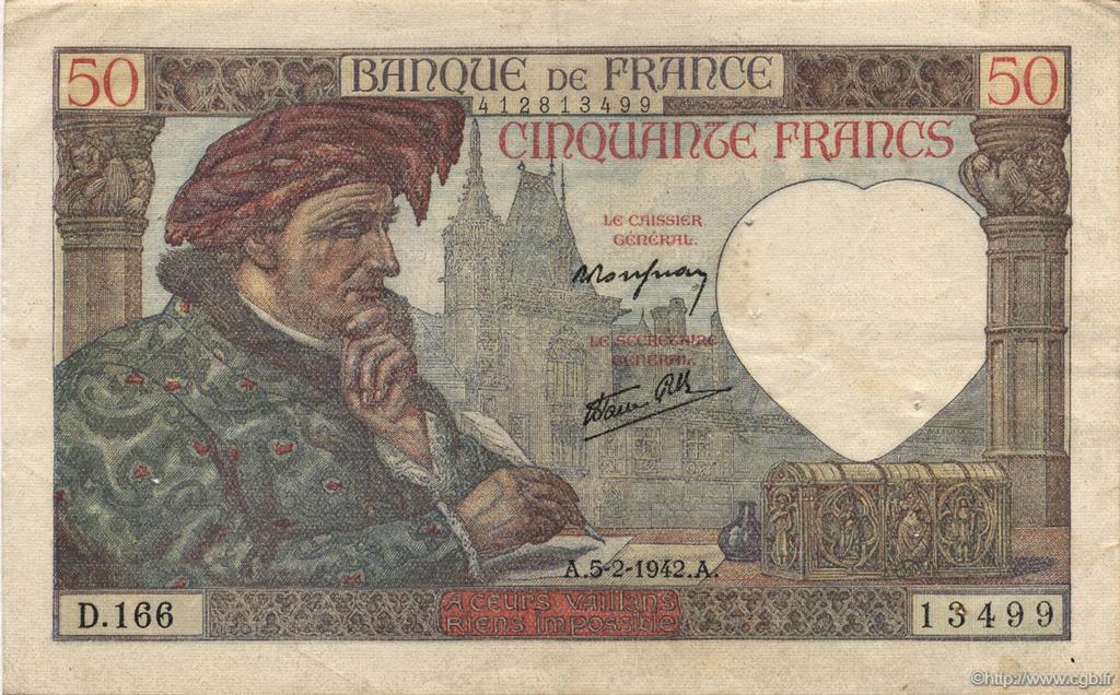 50 Francs JACQUES CŒUR FRANCE  1942 F.19.19 VF