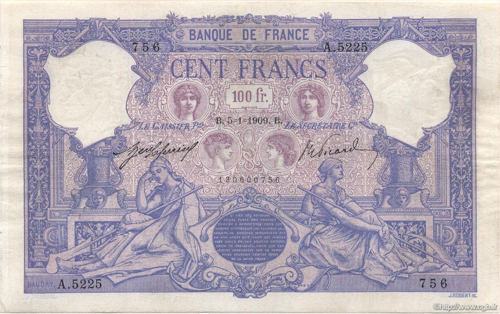 100 Francs BLEU ET ROSE FRANCE  1909 F.21.24 VF-
