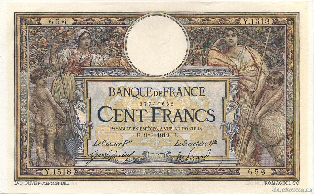 100 Francs LUC OLIVIER MERSON sans LOM FRANKREICH  1912 F.23.04 fST