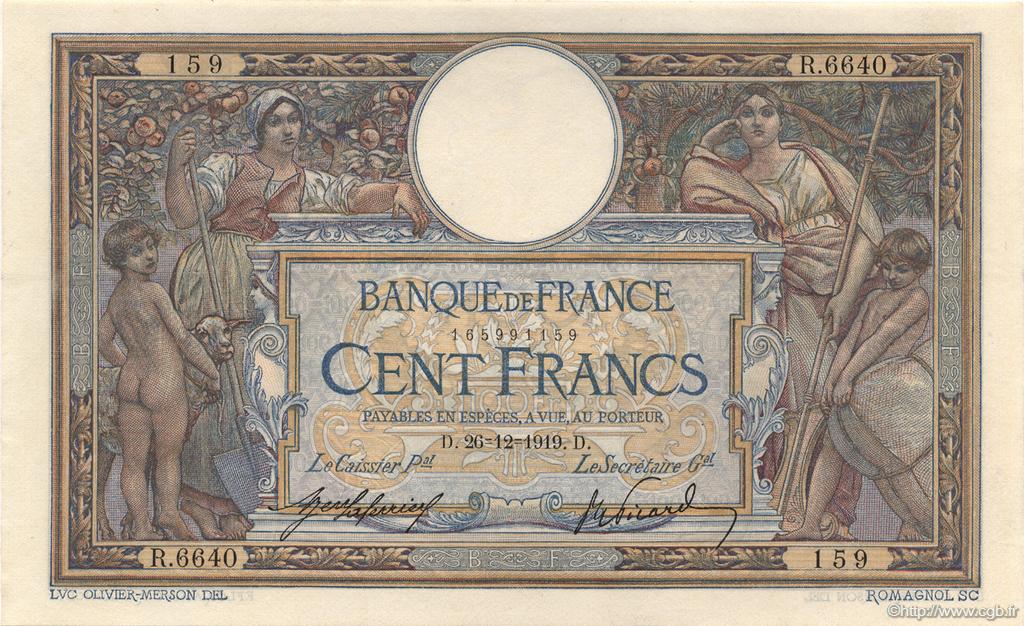 100 Francs LUC OLIVIER MERSON sans LOM FRANCE  1919 F.23.11 XF - AU