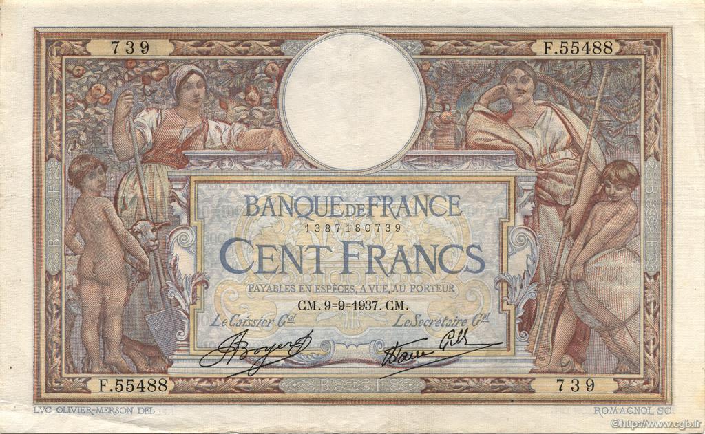 100 Francs LUC OLIVIER MERSON type modifié FRANCIA  1937 F.25.01 MBC+