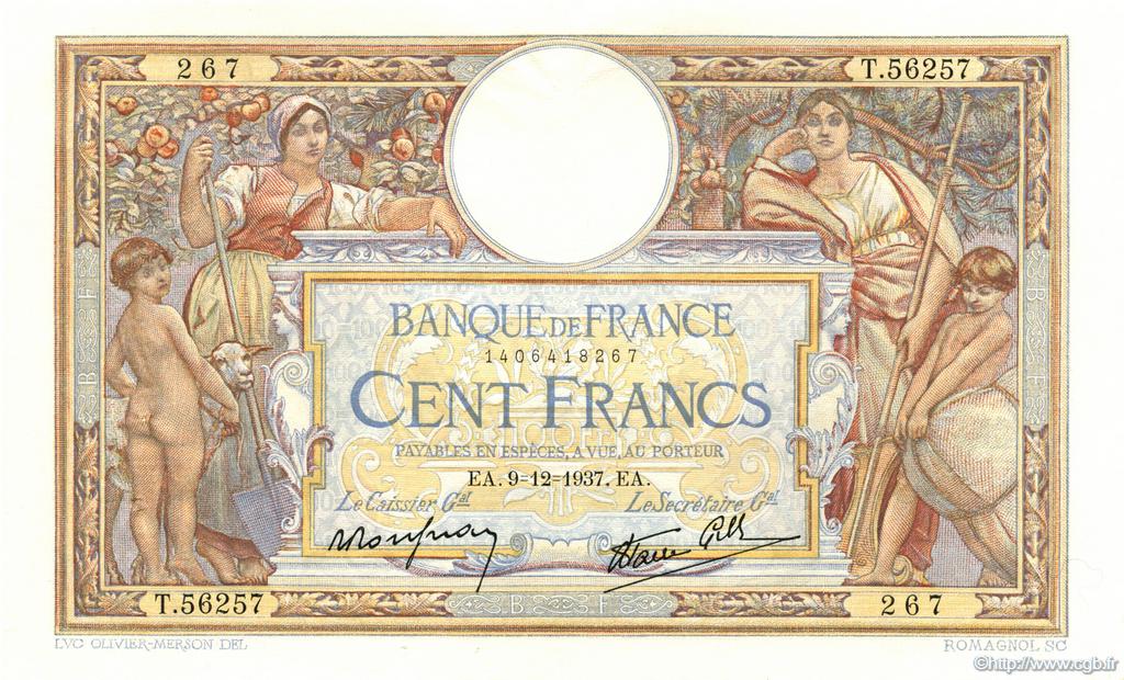 100 Francs LUC OLIVIER MERSON type modifié FRANCE  1937 F.25.05 XF