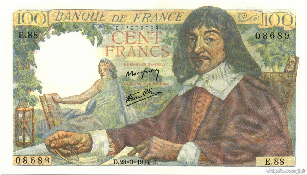 100 Francs DESCARTES FRANKREICH  1944 F.27.05 ST